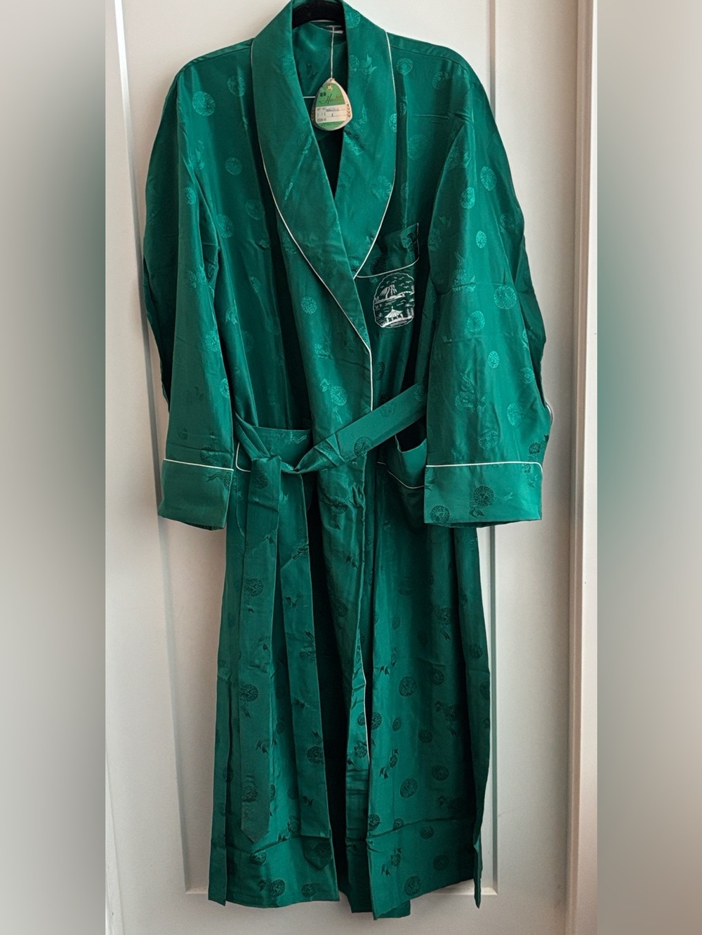 HEALTH Sz L 100% Silk Emerald Green Fabric Jacquard Motif Patch Pockets NEW